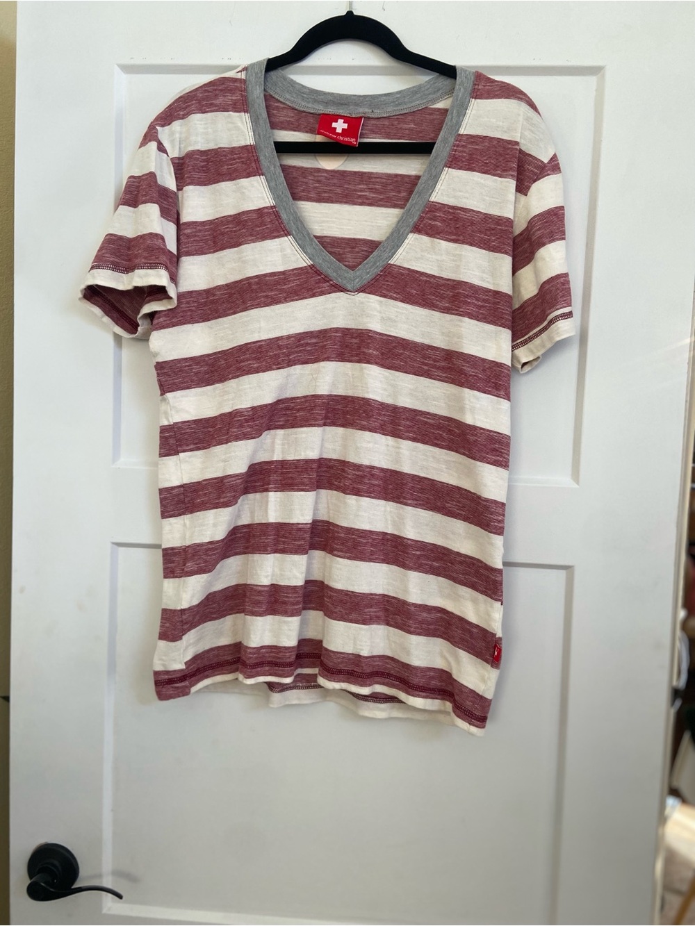 Andrew Christian Red and Cream Striped V-Neck Tee